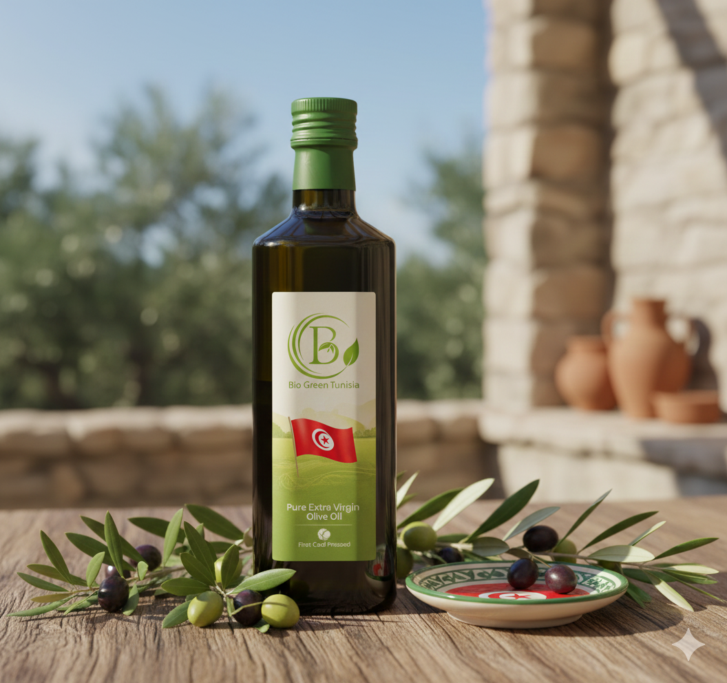 Bouteille d'huile d'olive Biogreen Tunisia avec logo et drapeau tunisien