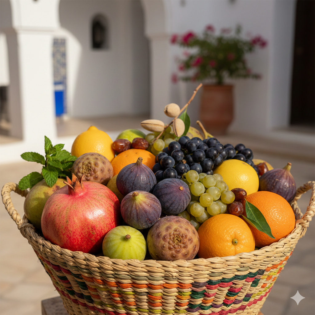 Corbeille de fruits frais tunisiens (Grenades, Figues, Raisins, Oranges)