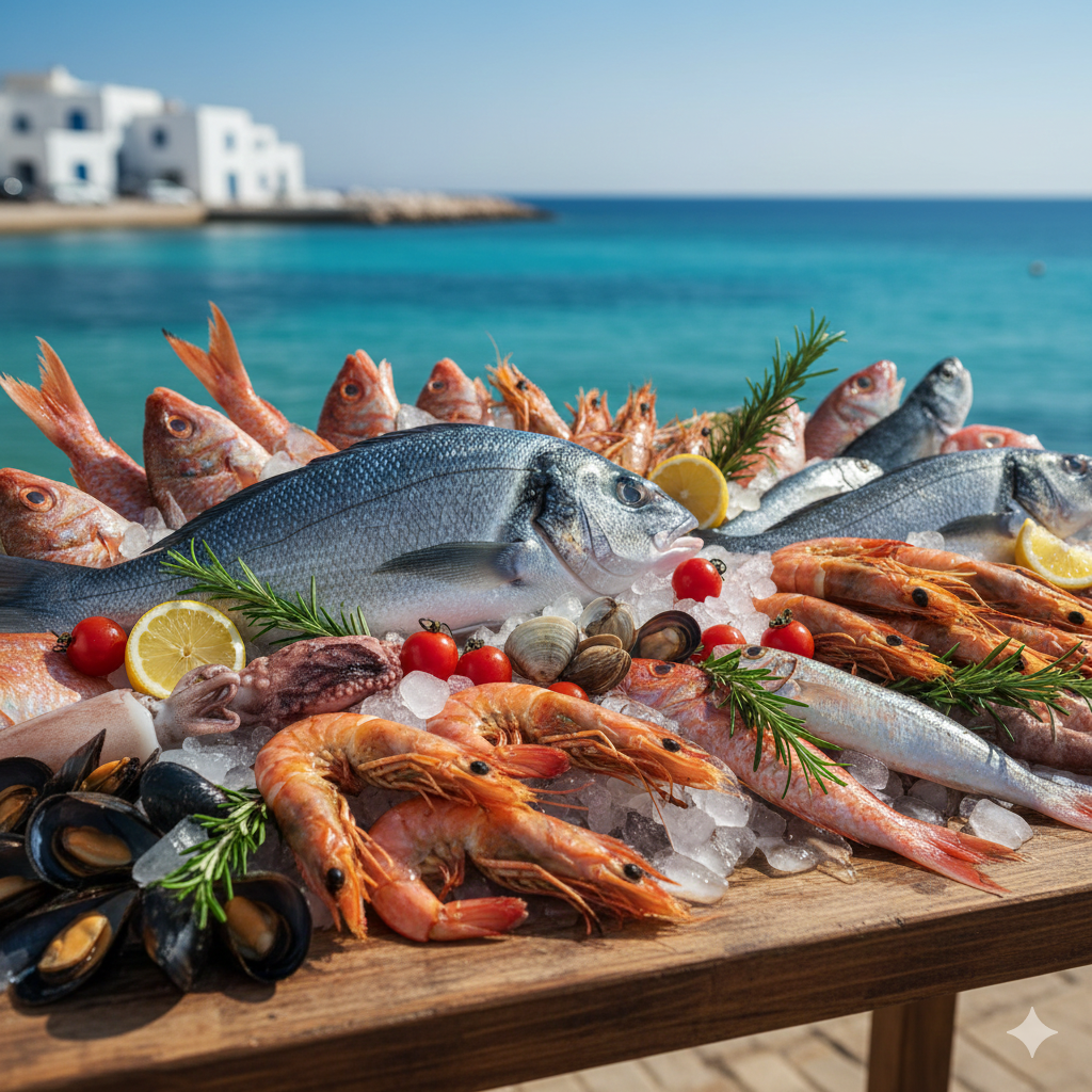 Sélection de produits de la mer tunisiens frais (Poissons, Crevettes, Moules)