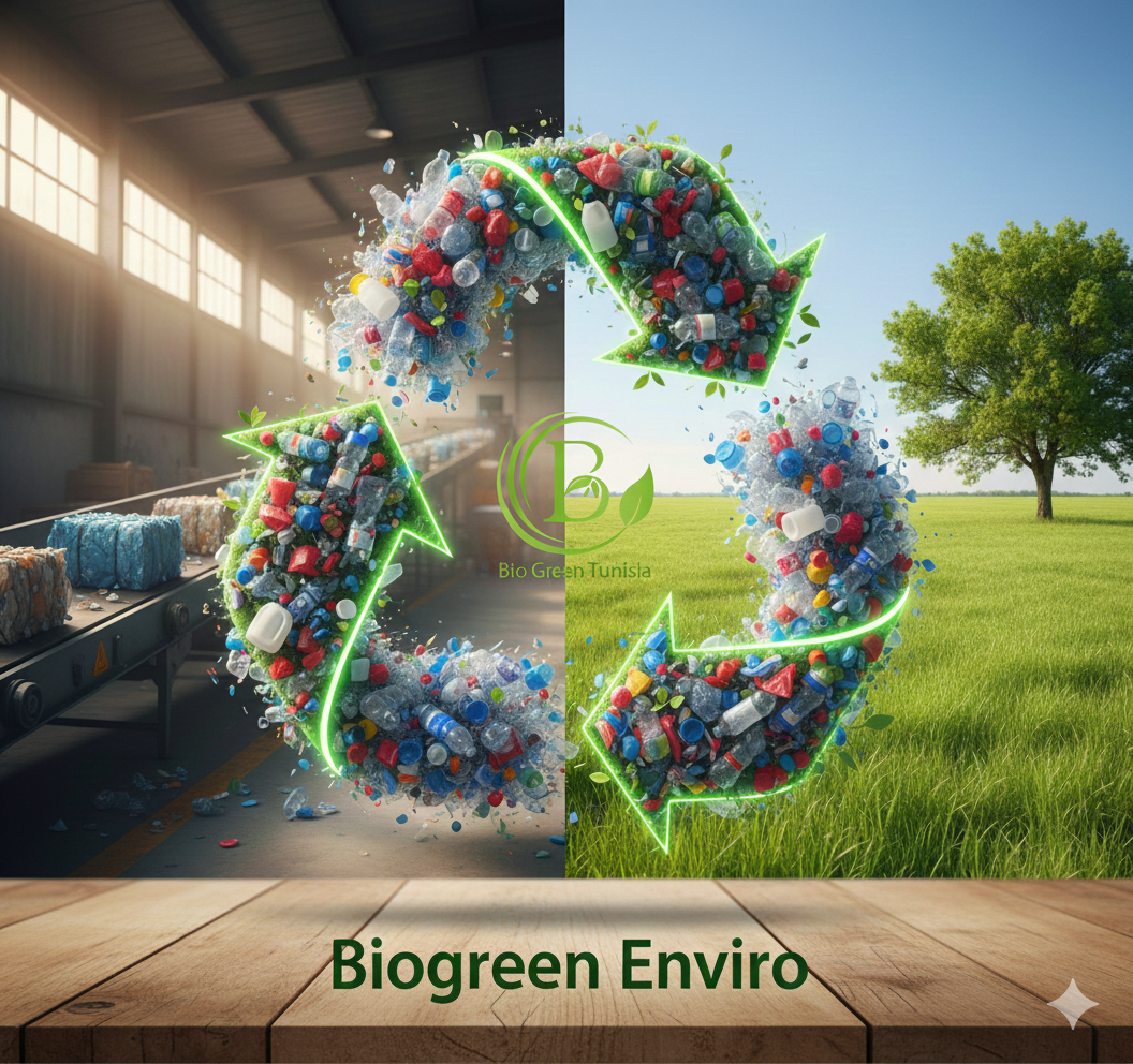 Matières plastiques recyclées diverses (balles, broyées, granulés) avec le logo Biogreen Enviro